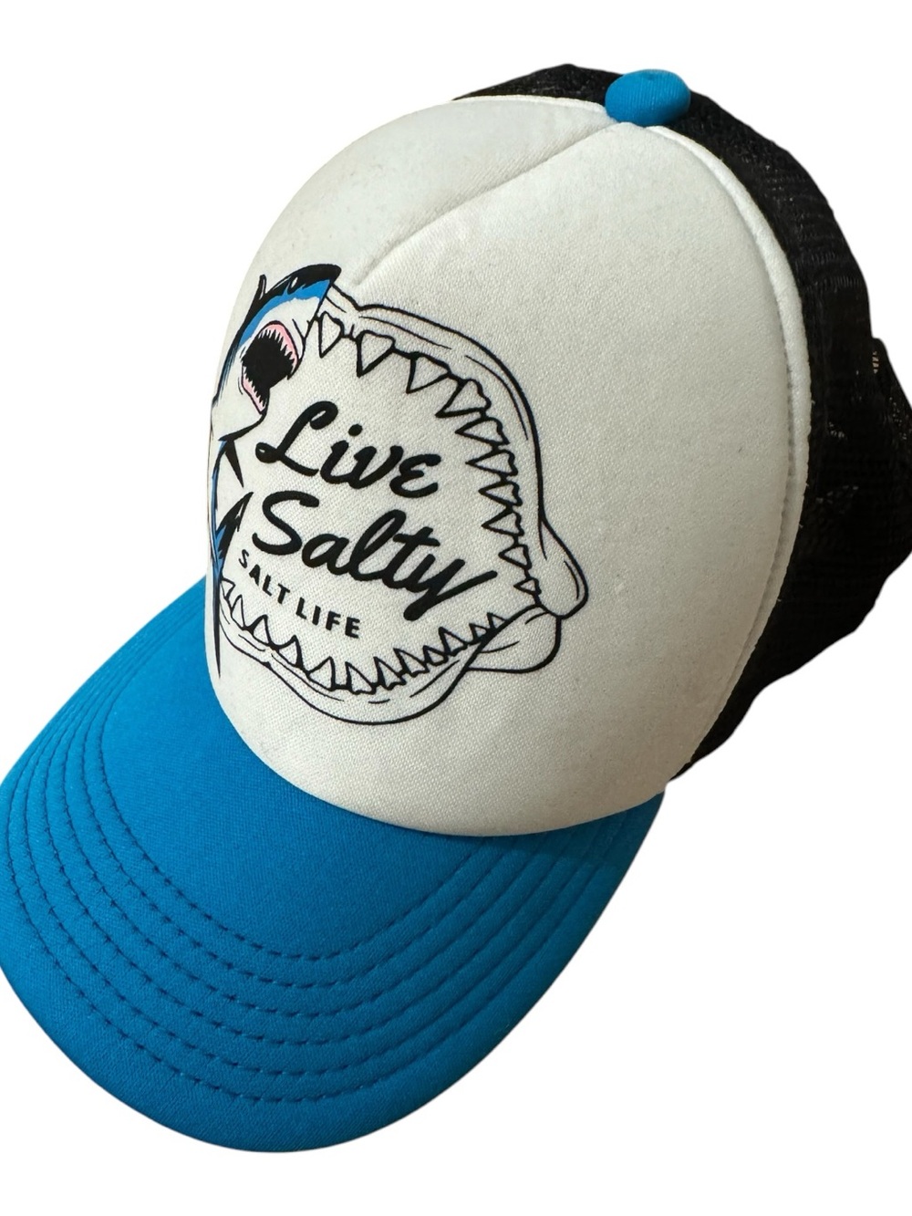 🦈🌊Boys Kids Salt Life Youth Blue White & Black Shark Ocean SnapBack Hat